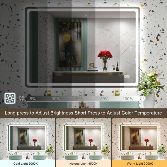 STARLEAD Badspiegel-mit-Beleuchtung 100x70cm, Spiegel-mit-Beleuchtung und Entfoggen, Dimmbar, 3 Farbtemperaturen 3000K-6500K, Speicherfunktion, IP44 LED-Badspiegel, Horizontal/Vertikal