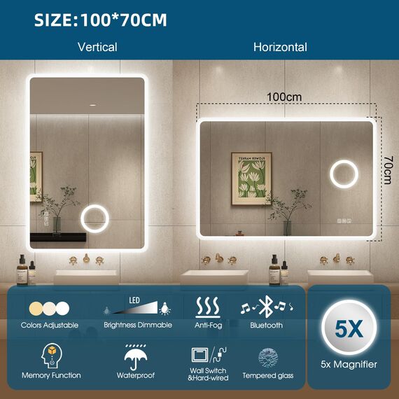 STARLEAD LED-Badspiegel-mit-Bluetooth und 5X Lupe, 70x100cm Spiegel-Bad-mit-Beleuchtung, Entfoggen, Dimmbar, 3 Farbtemperaturen, Speicherfunktion, IP44, Hartglas