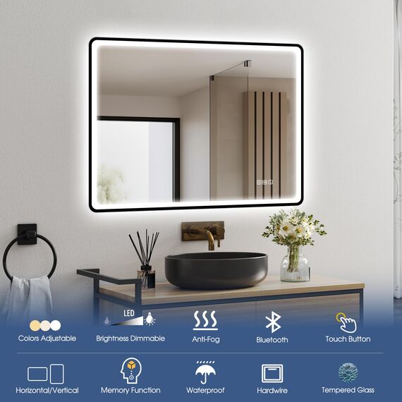 STARLEAD 80x60cm Schwarz LED-Badezimmerspiegel-mit-Beleuchtung und Bluetooth, Entfoggen, Dimmbar, 3 Lichtfarben, HD Gehärtetes Glas, IP44 Wasserdicht, Horizontal/Vertikal