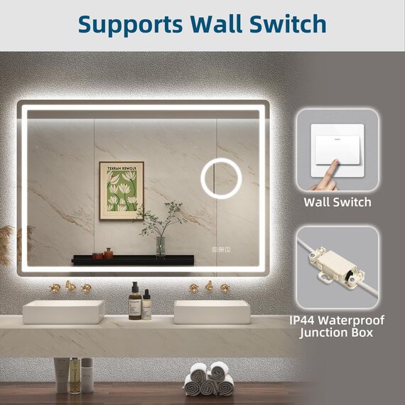 STARLEAD Badspiegel-mit-Beleuchtung 100x70cm, 5X Lupe und Bluetooth, Dimmbar, 3 Farbtemperaturen 3000K-6500K, Entfoggen, Speicherfunktion, IP44 Badezimmerspiegel, HD Hartglas, Horizontal/Vertikal