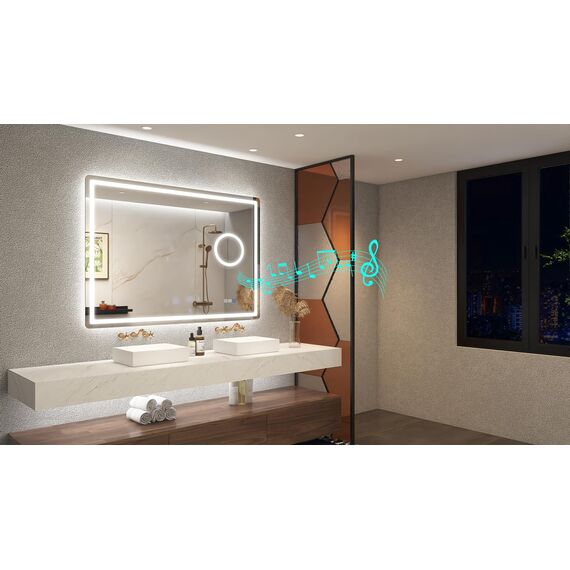 STARLEAD Badspiegel-mit-Beleuchtung 100x70cm, 5X Lupe und Bluetooth, Dimmbar, 3 Farbtemperaturen 3000K-6500K, Entfoggen, Speicherfunktion, IP44 Badezimmerspiegel, HD Hartglas, Horizontal/Vertikal