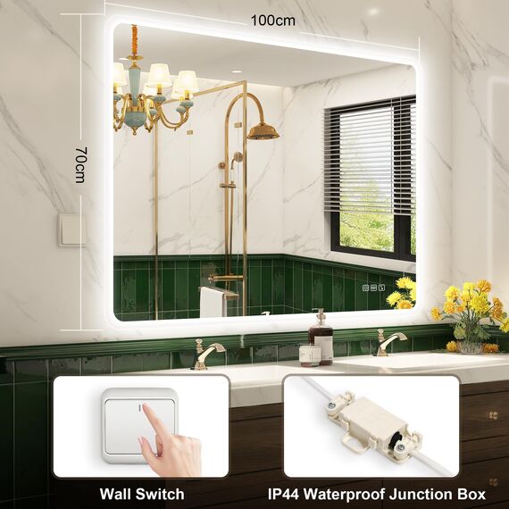 STARLEAD Badspiegel-mit-Beleuchtung 100x70cm, Badezimmerspiegel-mit-Bluetooth, Entfoggen, Dimmbar, 3 Lichtfarben, Speicherfunktion, IP44 LED-Spiegel-Bad, Horizontal/Vertikal, HD Hartglas