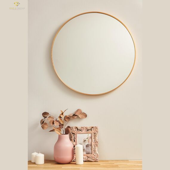 GOLD&CHROME UNIQUE DESIGN Dekorative Wandspiegel Rund ⌀60 cm Aluminiumrahmen - Spiegel Rund Gold mit Teflon beschichtet Spiegeloberfläche - Spiegel Wand Pulverbeschichteter Spiegelrahmen 0,9 cm