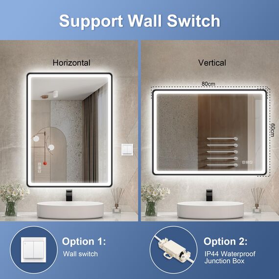 STARLEAD 80x60cm Schwarz LED-Badezimmerspiegel-mit-Beleuchtung und Bluetooth, Entfoggen, Dimmbar, 3 Lichtfarben, HD Gehärtetes Glas, IP44 Wasserdicht, Horizontal/Vertikal