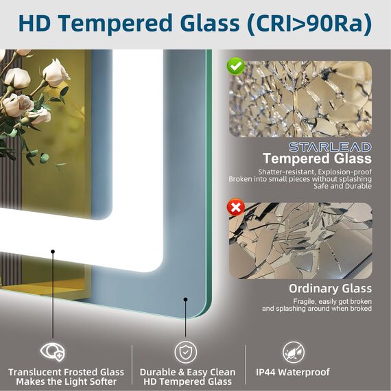 STARLEAD Badspiegel-mit-Beleuchtung 100x70cm, 5X Lupe und Bluetooth, Dimmbar, 3 Farbtemperaturen 3000K-6500K, Entfoggen, Speicherfunktion, IP44 Badezimmerspiegel, HD Hartglas, Horizontal/Vertikal