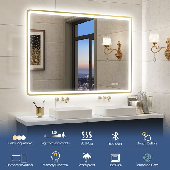 STARLEAD 100x70cm Golden LED-Badspiegel-mit-Beleuchtung und Bluetooth, Entfoggen, Dimmbar, 3 Lichtfarben, HD Gehärtetes Glas, IP44 Wasserdicht, Horizontal/Vertikal
