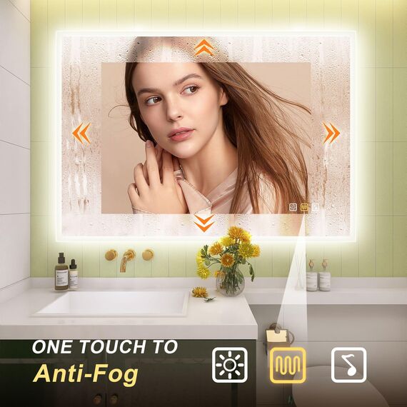 STARLEAD Bad-Spiegel-mit-Beleuchtung 100x70 cm, Spiegel-Bad-mit-Beleuchtung und Bluetooth, Entfoggen, Led-Spiegel-Bad mit 3 Lichtfarben, Dimmbar, Speicherfunktion, Horizontal/Vertikal, HD Hartglas