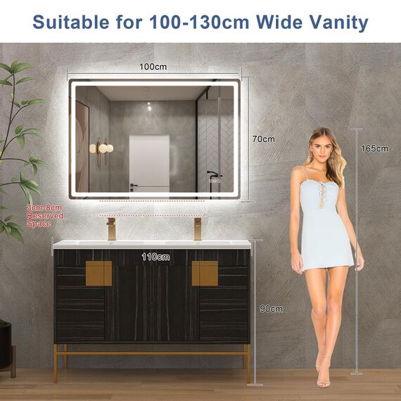 STARLEAD Bad-Spiegel-mit-Beleuchtung 100x70cm, Badezimmerspiegel-mit-licht und Entfoggen, Bluetooth, Dimmbar, 3 Farbtemperaturen, Speicherfunktion, IP44 Hartglas Spiegel-Bad, Horizontal/Vertikal