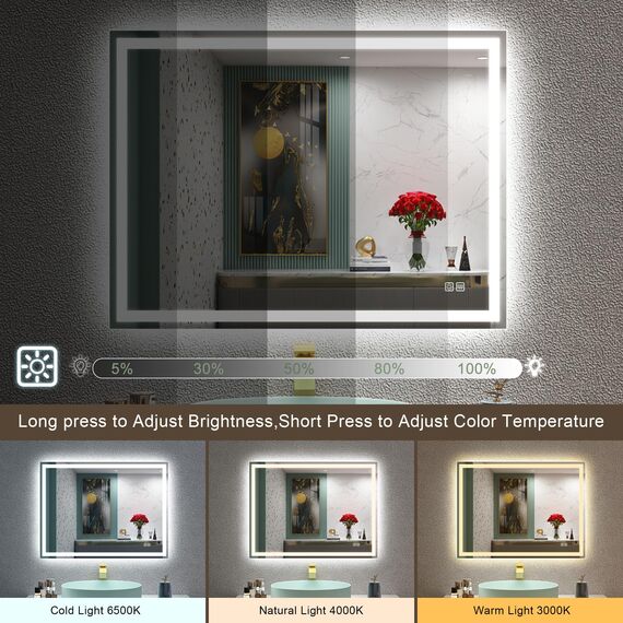 STARLEAD Badspiegel-mit-Beleuchtung 80x60cm, Dimmbar, 3 Farbtemperaturen 3000K-6500K, LED-Spiegel-Bad mit Entfoggen, Speicherfunktion, IP44 Badezimmerspiegel, Horizontal/Vertikal, Hartglas