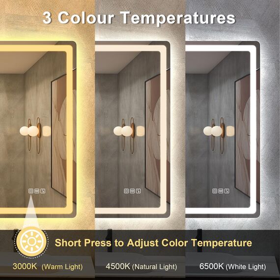 STARLEAD Bad-Spiegel-mit-Beleuchtung 100x70cm, Badezimmerspiegel-mit-licht und Entfoggen, Bluetooth, Dimmbar, 3 Farbtemperaturen, Speicherfunktion, IP44 Hartglas Spiegel-Bad, Horizontal/Vertikal