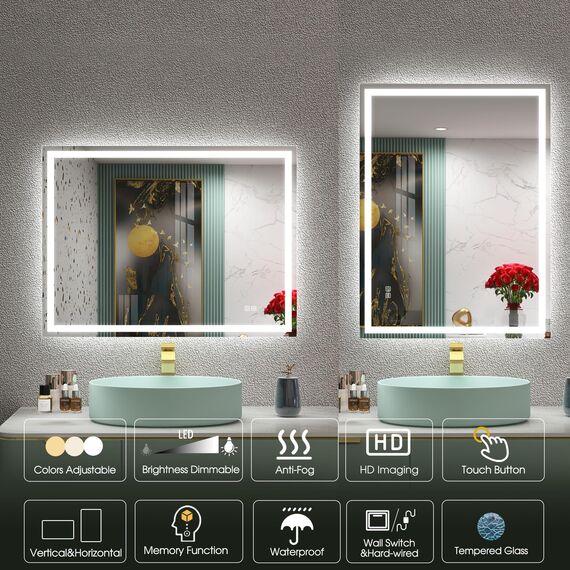 STARLEAD Badspiegel-mit-Beleuchtung 80x60cm, Dimmbar, 3 Farbtemperaturen 3000K-6500K, LED-Spiegel-Bad mit Entfoggen, Speicherfunktion, IP44 Badezimmerspiegel, Horizontal/Vertikal, Hartglas