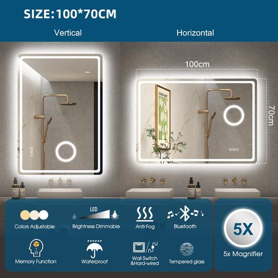 STARLEAD Badspiegel-mit-Beleuchtung 100x70cm, 5X Lupe und Bluetooth, Dimmbar, 3 Farbtemperaturen 3000K-6500K, Entfoggen, Speicherfunktion, IP44 Badezimmerspiegel, HD Hartglas, Horizontal/Vertikal