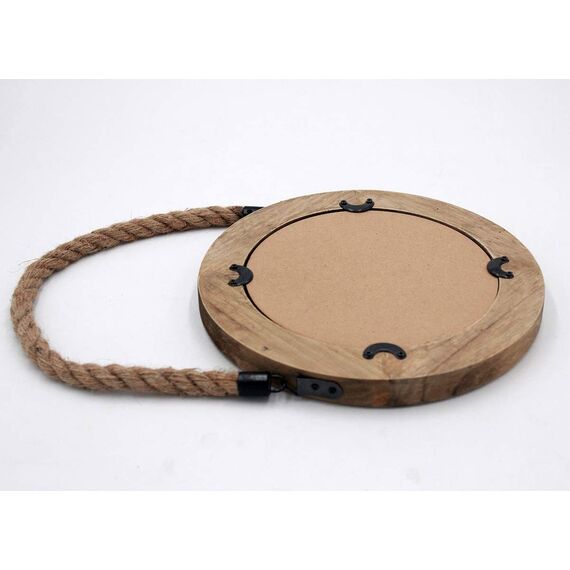 Funly mee Rustikaler runder dekorativer Spiegel mit Massivholzrahmen und Seilaufhängung, Bauernhaus, antike Wanddekoration (25 x 25 cm)