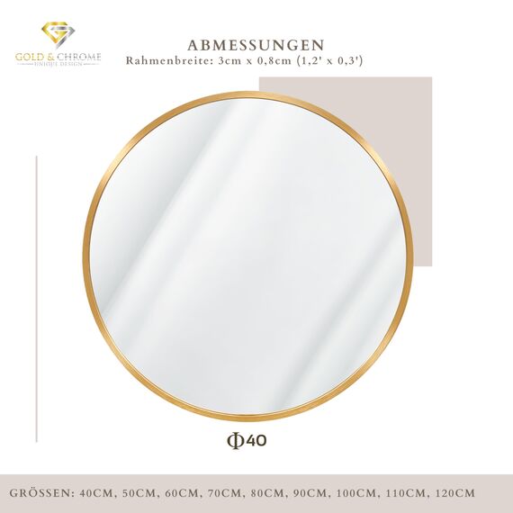 GOLD&CHROME UNIQUE DESIGN Dekorative Wandspiegel Rund ⌀40 cm Aluminiumrahmen - Spiegel Rund Gold mit Teflon beschichtet Spiegeloberfläche - Spiegel Wand Pulverbeschichteter Spiegelrahmen 0,9 cm