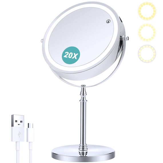 B Beauty Planet Schminkspiegel mit Beleuchtung, 1fach /20fach doppelseitiger Vergrößerungsspiegel,dimmbar, LED Schminkspiegel mit 3 Farb-Beleuchtungsmodi,20CM