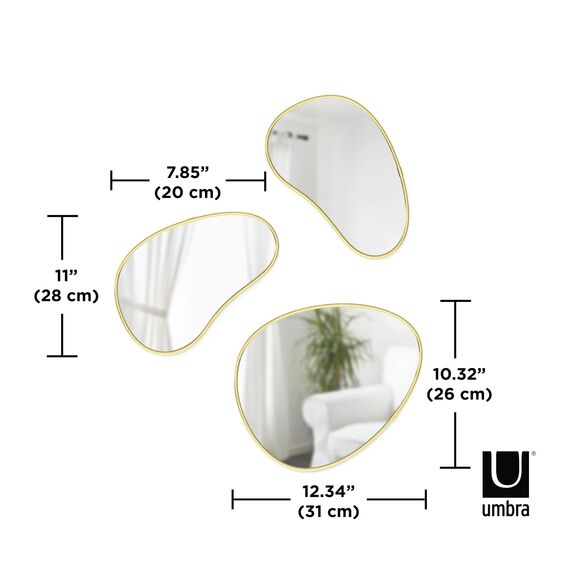 Umbra Hubba Pebble Wandspiegel Set, Moderne Design Spiegel mit Organischer Form, 3er-Set, Messing