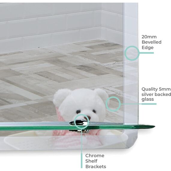 Neue Design Schöner rechteckiger Badezimmerspiegel mit Ablage, modern und stylish, mit abgerundeten Kanten, Wandbefestigung, Badspiegel, Wandspiegel, abgeschrägte Kante, Spiegel 70cm X 50cm