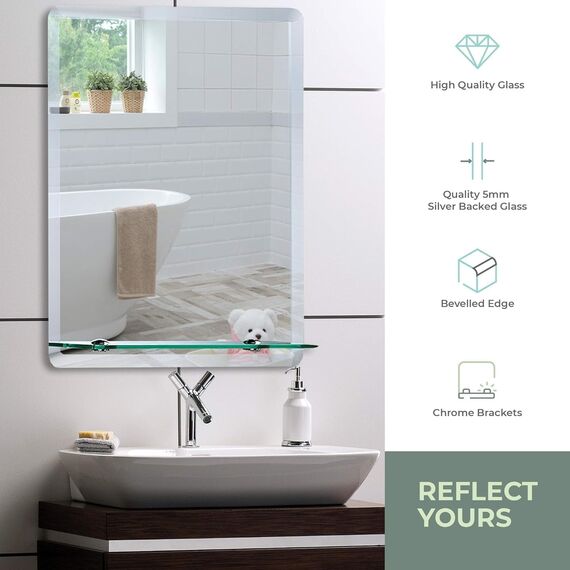 Neue Design Schöner rechteckiger Badezimmerspiegel mit Ablage, modern und stylish, mit abgerundeten Kanten, Wandbefestigung, Badspiegel, Wandspiegel, abgeschrägte Kante, Spiegel 70cm X 50cm