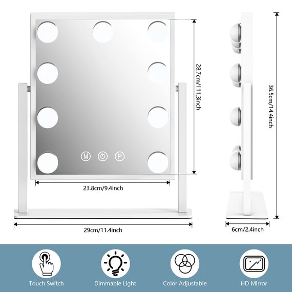 TUREWELL Hollywood Make-up-Spiegel mit Lichtern, großer beleuchteter Kosmetikspiegel mit 3 Farblicht und 9 dimmbaren LED-Leuchtmitteln, Smart-Touch-Control-Bildschirm und 360-Grad-Drehung
