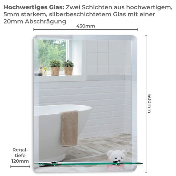 Neue Design Badezimmer-Wandspiegel, modernes, stilvolles Design mit Ablage und abgeschrägter Ebene, 3 Größen: 70 cm x 50 cm, 60 cm x 45 cm, 50 cm x 40 cm, EM1002, glas, silber, 60cm X 45cm