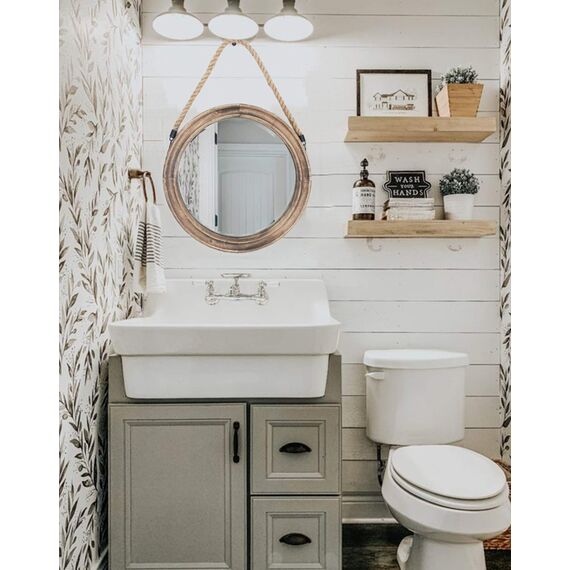 Funly mee Rustikaler runder dekorativer Spiegel mit Massivholzrahmen und Seilaufhängung, Bauernhaus-Wanddekoration (42 x 42 cm)