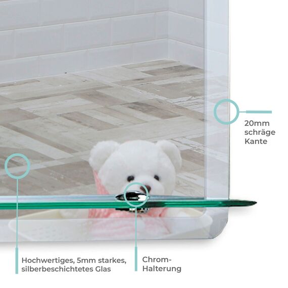 Neue Design Badezimmer-Wandspiegel, modernes, stilvolles Design mit Ablage und abgeschrägter Ebene, 3 Größen: 70 cm x 50 cm, 60 cm x 45 cm, 50 cm x 40 cm, EM1002, glas, silber, 60cm X 45cm