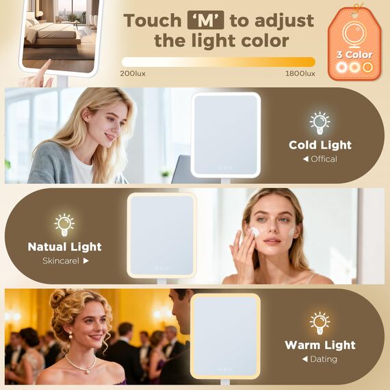 VORREMIRR Hollywood-Schminktischspiegel mit Beleuchtung: 38 x 30 cm großer beleuchteter Kosmetikspiegel, intelligente Touch-Steuerung mit 3 Farblichtmodi, dimmbar, 30° neigbar – Netzbetrieb, Weiß