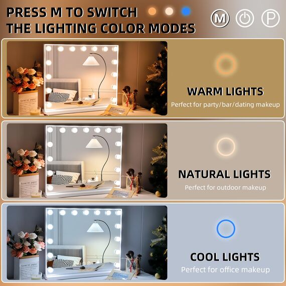 Hansong Hollywood Spiegel mit Beleuchtung Make up Spiegel mit Beleuchtung und USB Ausgang Beleuchteter Schminkspiegel 15 LED Lampen