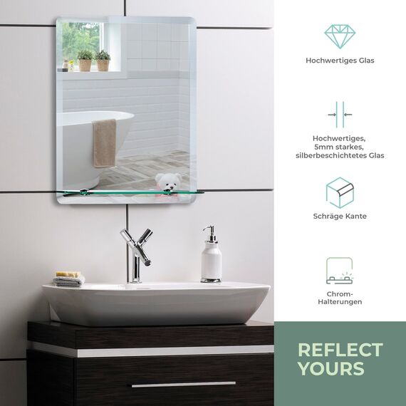 Neue Design Schöner rechteckiger Badezimmerspiegel mit Ablage, modern und stylish, mit abgerundeten Kanten, Wandbefestigung, Badspiegel, Wandspiegel, Spiegel 50cm X 40cm