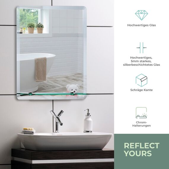 Neue Design Badezimmer-Wandspiegel, modernes, stilvolles Design mit Ablage und abgeschrägter Ebene, 3 Größen: 70 cm x 50 cm, 60 cm x 45 cm, 50 cm x 40 cm, EM1002, glas, silber, 60cm X 45cm