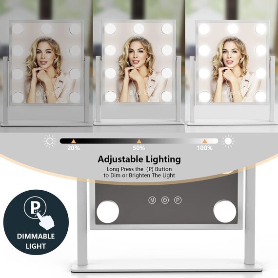 TUREWELL Hollywood Make-up-Spiegel mit Lichtern, großer beleuchteter Kosmetikspiegel mit 3 Farblicht und 9 dimmbaren LED-Leuchtmitteln, Smart-Touch-Control-Bildschirm und 360-Grad-Drehung