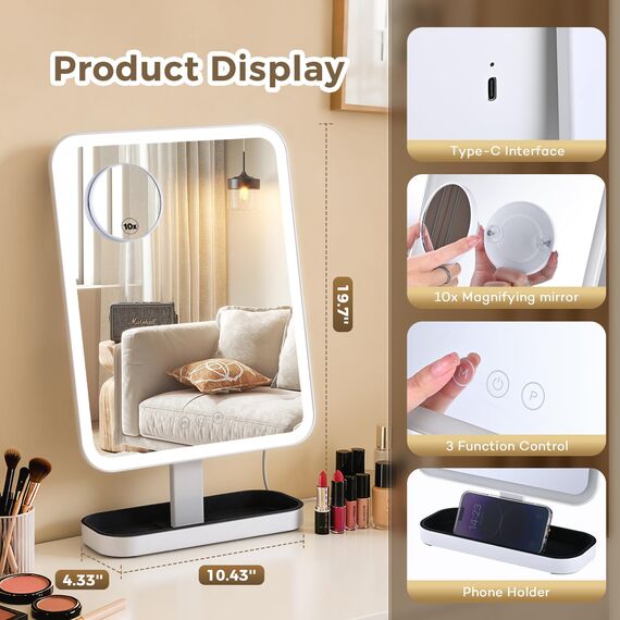 VORREMIRR Hollywood-Schminktischspiegel mit Beleuchtung: 38 x 30 cm großer beleuchteter Kosmetikspiegel, intelligente Touch-Steuerung mit 3 Farblichtmodi, dimmbar, 30° neigbar – Netzbetrieb, Weiß