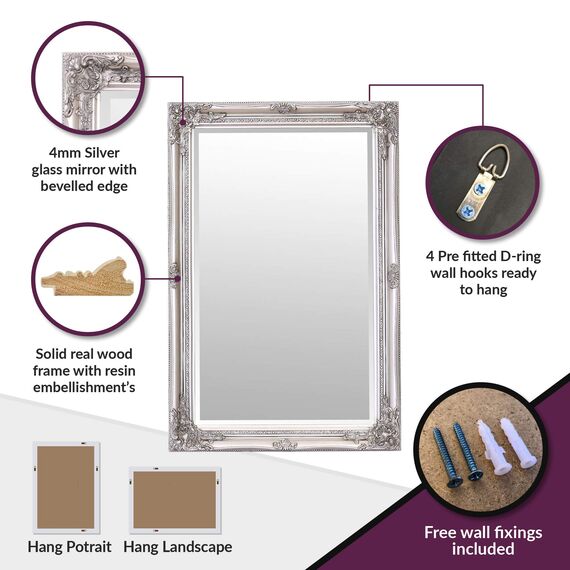 Select Mirrors Rhone Wandspiegel, französischer Vintage, Rokoko, Barockstil, Shabby-Chic-Stil, Wohnkultur, groß, 60 cm x 90 cm (2 x 3 Fuß), Antik-Silber