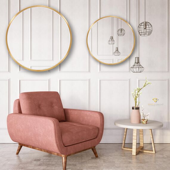 GOLD&CHROME UNIQUE DESIGN Dekorative Wandspiegel Rund ⌀90 cm Aluminiumrahmen - Spiegel Rund Gold mit Teflon beschichtet Spiegeloberfläche - Spiegel Wand Pulverbeschichteter Spiegelrahmen 0,9 cm