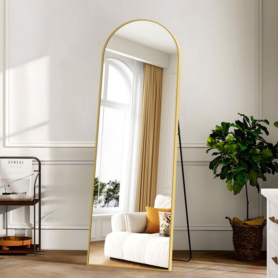 KOCUUY Bogen Standspiegel, 161 x 52 cm Großer Gewölbter Ganzkörperspiegel, Groß Wandspiegel mit Gold Aluminium Rahmen, Hängend, Stehend, Kippbar, für Wohnzimmer, Schlafzimmer und Flure