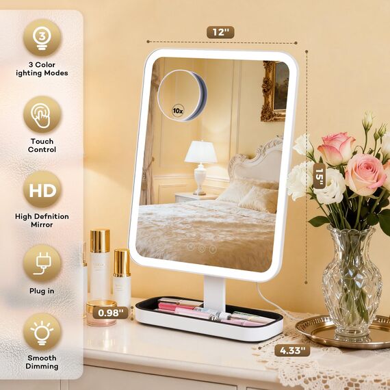 VORREMIRR Hollywood-Schminktischspiegel mit Beleuchtung: 38 x 30 cm großer beleuchteter Kosmetikspiegel, intelligente Touch-Steuerung mit 3 Farblichtmodi, dimmbar, 30° neigbar – Netzbetrieb, Weiß