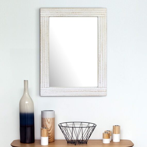 Stonebriar Rustic Rectangular Worn White Wood Frame Hanging Wall Mirror for Vertical or Horizontal Display
