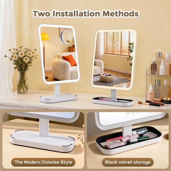 VORREMIRR Hollywood-Schminktischspiegel mit Beleuchtung: 38 x 30 cm großer beleuchteter Kosmetikspiegel, intelligente Touch-Steuerung mit 3 Farblichtmodi, dimmbar, 30° neigbar – Netzbetrieb, Weiß