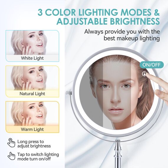 B Beauty Planet Schminkspiegel mit Beleuchtung, 1fach /20fach doppelseitiger Vergrößerungsspiegel,dimmbar, LED Schminkspiegel mit 3 Farb-Beleuchtungsmodi,20CM