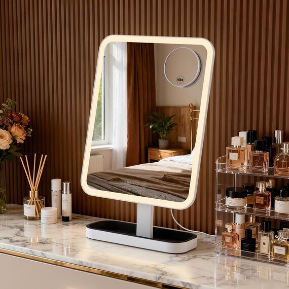 VORREMIRR Hollywood-Schminktischspiegel mit Beleuchtung: 38 x 30 cm großer beleuchteter Kosmetikspiegel, intelligente Touch-Steuerung mit 3 Farblichtmodi, dimmbar, 30° neigbar – Netzbetrieb, Weiß