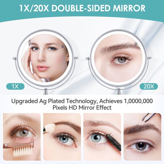 B Beauty Planet Schminkspiegel mit Beleuchtung, 1fach /20fach doppelseitiger Vergrößerungsspiegel,dimmbar, LED Schminkspiegel mit 3 Farb-Beleuchtungsmodi,20CM