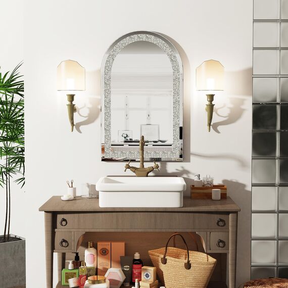Artloge Wandspiegel Kristall Groß 60×90 cm: Dekorative Wohnzimmerspiegel Halbrund Bogen Silber Aesthetic Spiegel für Wohnzimmer Schlafzimmer