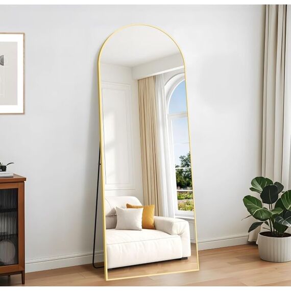 KOCUUY Bogen Standspiegel, 179 x 65 cm Großer Gewölbter Ganzkörperspiegel, Groß Wandspiegel mit Gold Aluminium Rahmen, Hängend, Stehend, Kippbar, für Wohnzimmer, Schlafzimmer und Flure