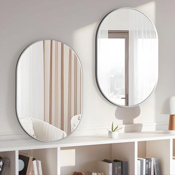 NEUWEABY Oval Badezimmer Spiegel Kapsel Wand Eitelkeit Spiegel, 60x90cm Kissen Spiegel Wand montiert, schwarz große Moderne mit Silber Metallrahmen, Dekor für Schlafzimmer