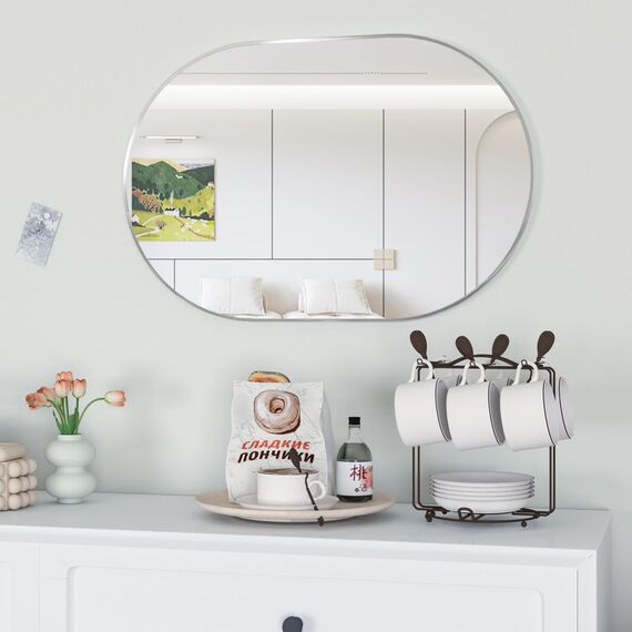 NEUWEABY Ovaler Badezimmerspiegel Ovale Wandspiegel für über dem Waschbecken, 50x75 cm Silber Pillen Spiegel Capsule Wandspiegel, Moderner Spiegel mit Metallrahmen für Wanddekoration