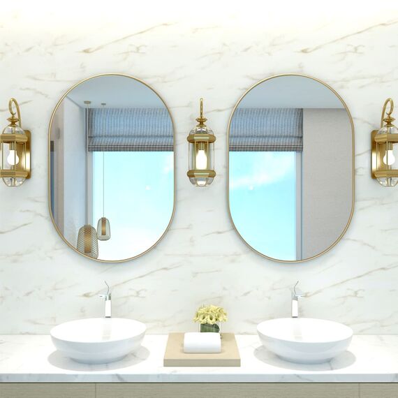 NEUWEABY Ovaler Badezimmerspiegel, Kapsel, Wandspiegel, 2 Stück, 50.8x76.2 cm, Pillenspiegel, Wandmontage, großer moderner Spiegel mit goldfarbenem Metallrahmen, Schlafzimmer, Wohnzimmer