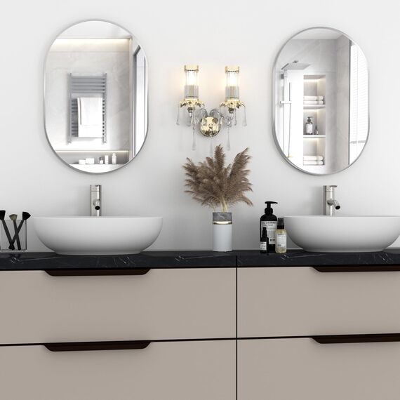 NEUWEABY Oval Badezimmer Spiegel Kapsel Wand Eitelkeit Spiegel, 60x90cm Kissen Spiegel Wand montiert, schwarz große Moderne mit Silber Metallrahmen, Dekor für Schlafzimmer