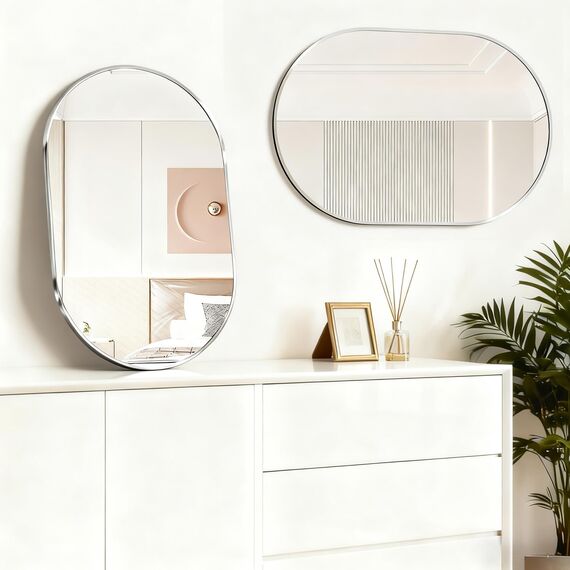 NEUWEABY Oval Badezimmer Spiegel Kapsel Wand Eitelkeit Spiegel, 60x90cm Kissen Spiegel Wand montiert, schwarz große Moderne mit Silber Metallrahmen, Dekor für Schlafzimmer