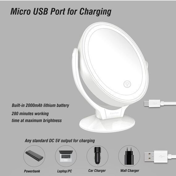 Aesfee Kosmetikspiegel LED Beleuchtet, Tischspiegel mit LED-Beleuchtung und 7-facher Vergrößerung, Beidseitiger Schminkspiegel mit Einstellbarer Helligkeit und 360° Schwenkfunktion
