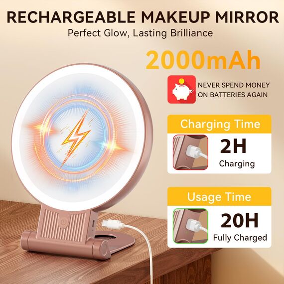 Auxmir Kosmetikspiegel mit Beleuchtung, 30X/1X Doppelseitig Schminkspiegel mit Licht, Dimmbar Tischspiegel, 3 Farblichter Handspiegel, 2000 mAh, Faltbar Vergrößerungsspiegel für Zuhause Reise Kosmetik